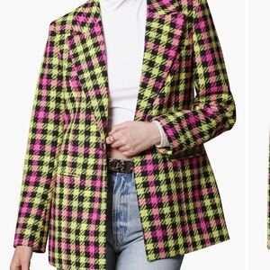 LIKE NEW Avec Les Filles Plaid Single Button Blazer, PINK-NEON PLAID